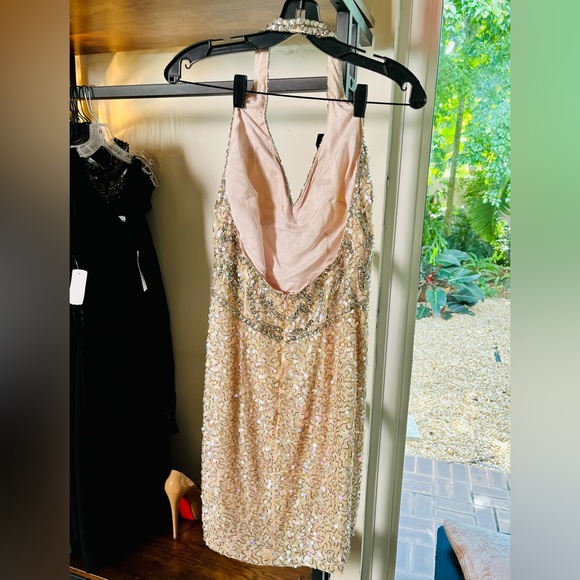 Caché Vintage Bsby Pink Sequined/Beaded embellished Halter Neck Dress Sz 4 - Picture 7 of 10